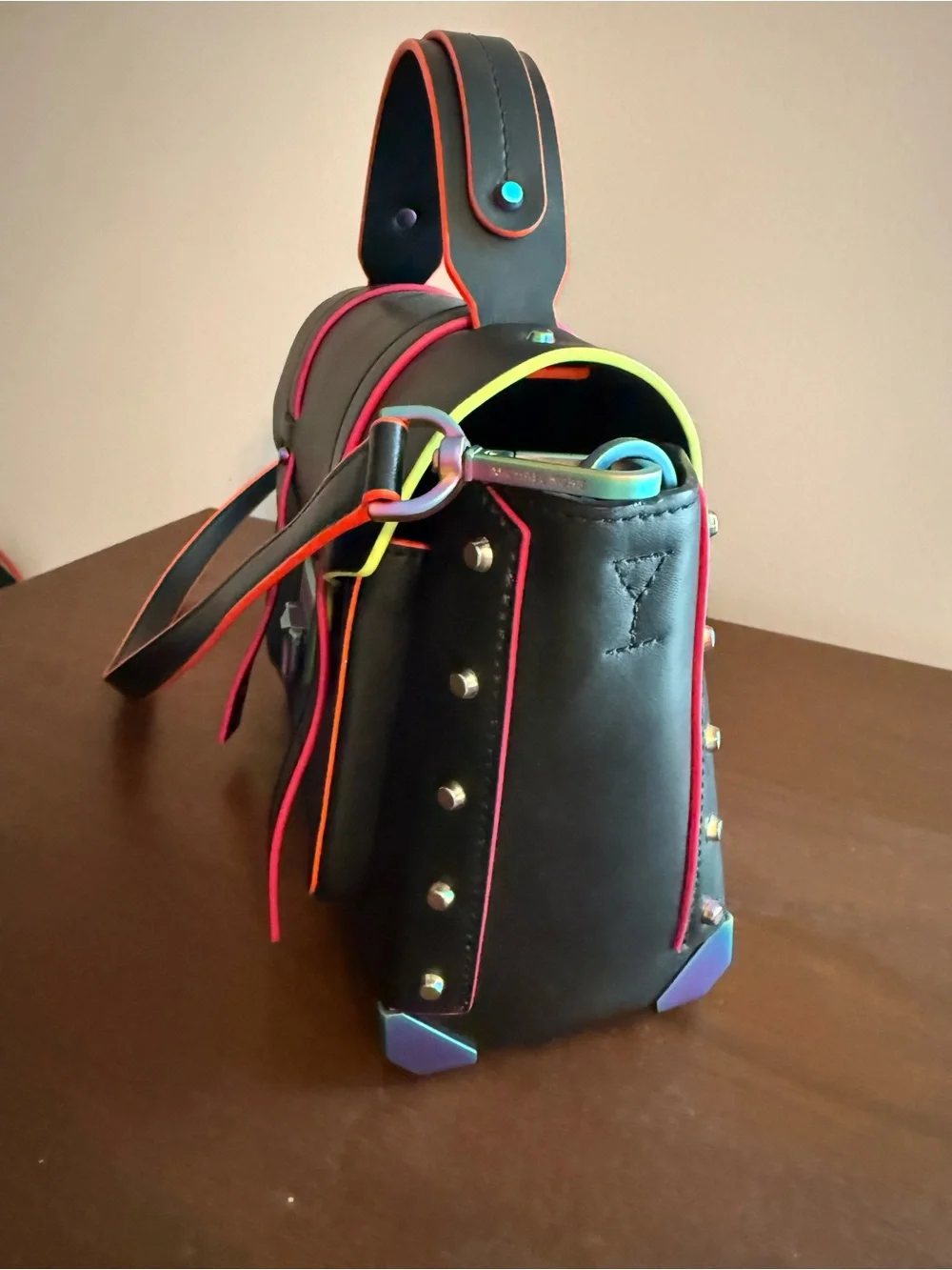 Michael Kors Manhattan Black Leather Satchel Rainbow Hardware EUC